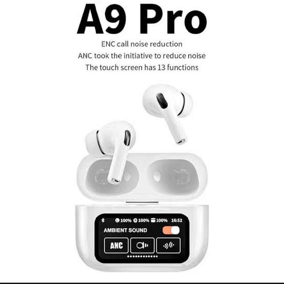 A9 Airbuds Pro – White | Noise Cancelling, HD Calling, Digital Display