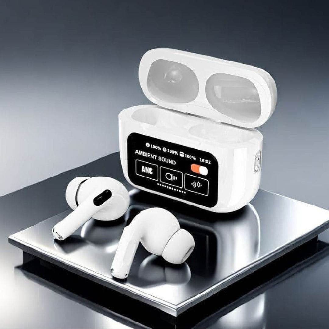 A9 Airbuds Pro – White | Noise Cancelling, HD Calling, Digital Display
